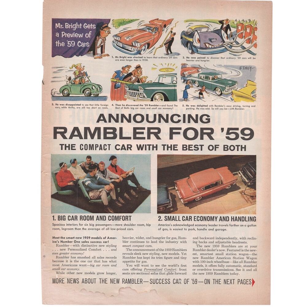Rambler Car Magazine Advertisement 1959 Vintage Mr Bright Economy Automobilia